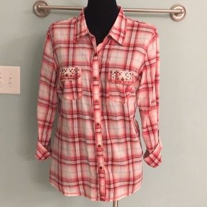 Maurices Coral Plaid Western Shirt Large